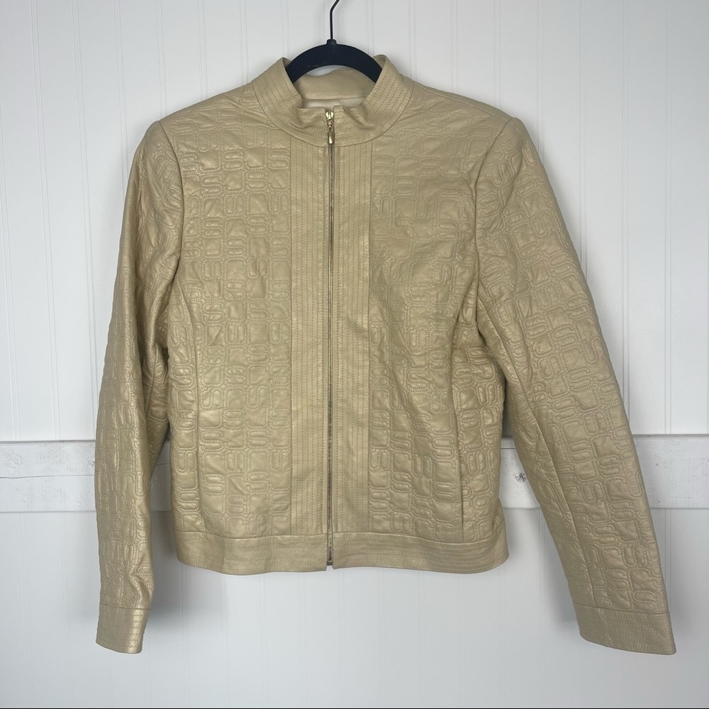 ST JOHN COLLECTION Embroidered Lamb Leather Zip Jacket